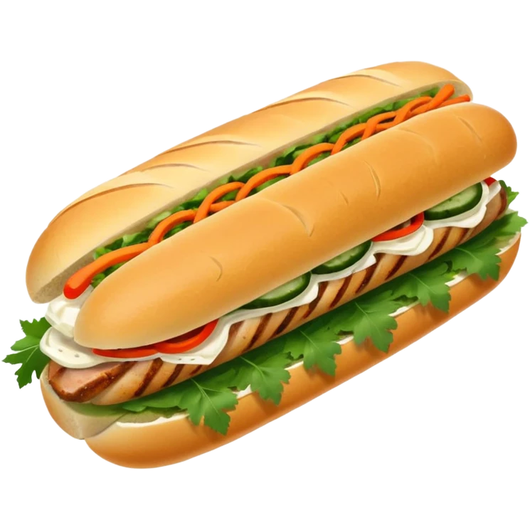 traditional banh mi with char grilled pork emoji 


    Very crusty baguette

    Mayo 

    Pickled carrot 

    Cucumber, coriander/cilantro, green onion, chilli 
 emoji