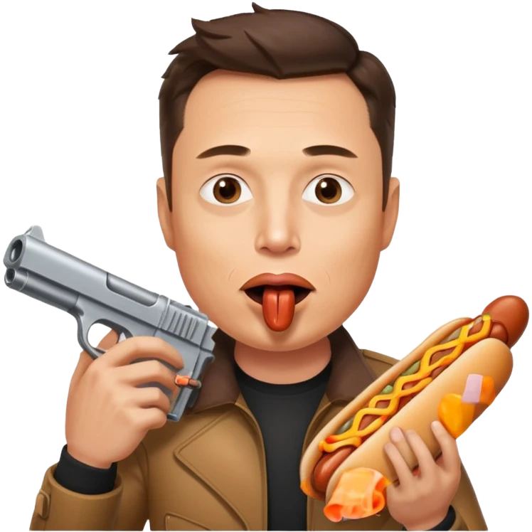 Elon Musk with a hotdog in his mouth with a gun emoji