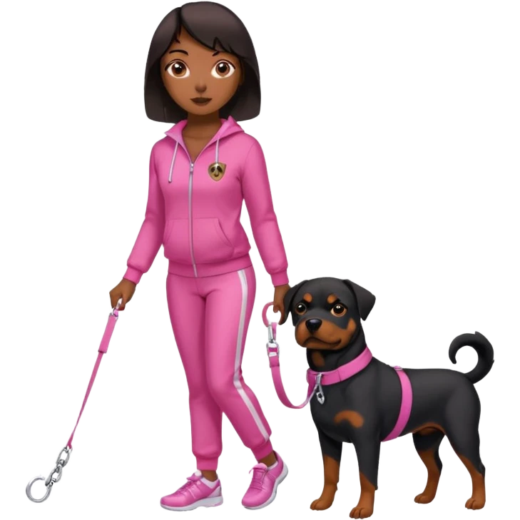 Rottweiler on leash by African American woman in all pink track suit emoji