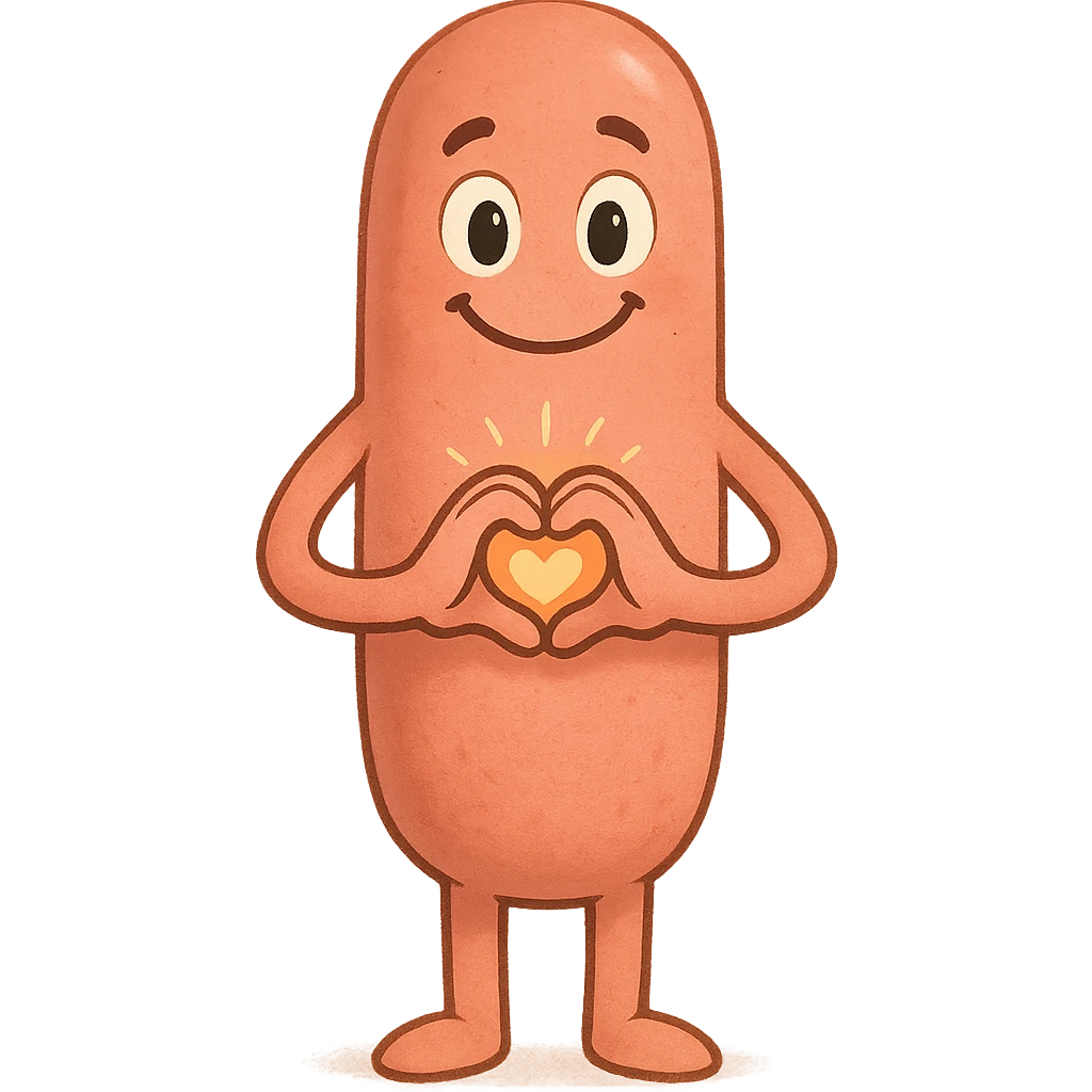 a smiling sausage-shaped humanoid with a pinkish-orange body, simple arms and legs, big eyes, and a happy smile. Its hands form a heart shape in front of its chest, radiating warmth and affection emoji