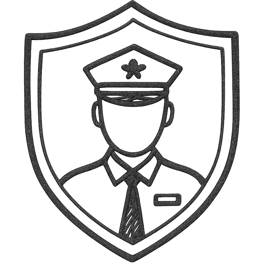 Professional security services logo, featuring a shield and a guard icon. emoji