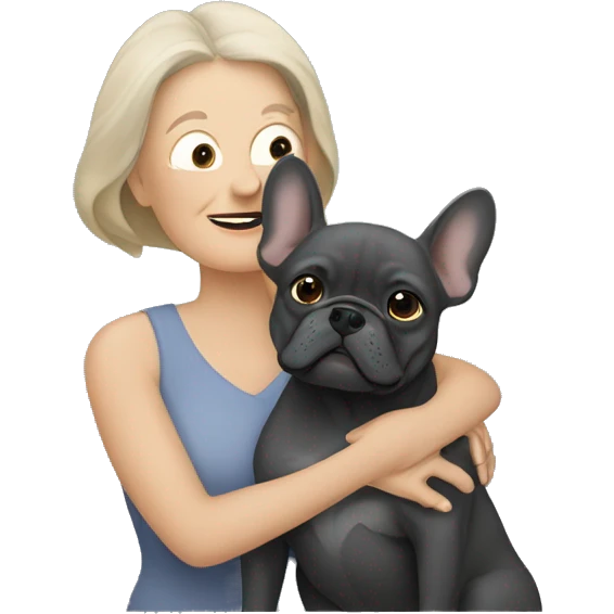 dark blonde older woman hugging dark gray french bulldog emoji