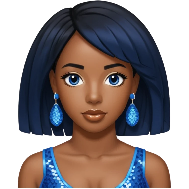 Kelly Rowland with black hair, blue sequin crop top, blue earring emoji