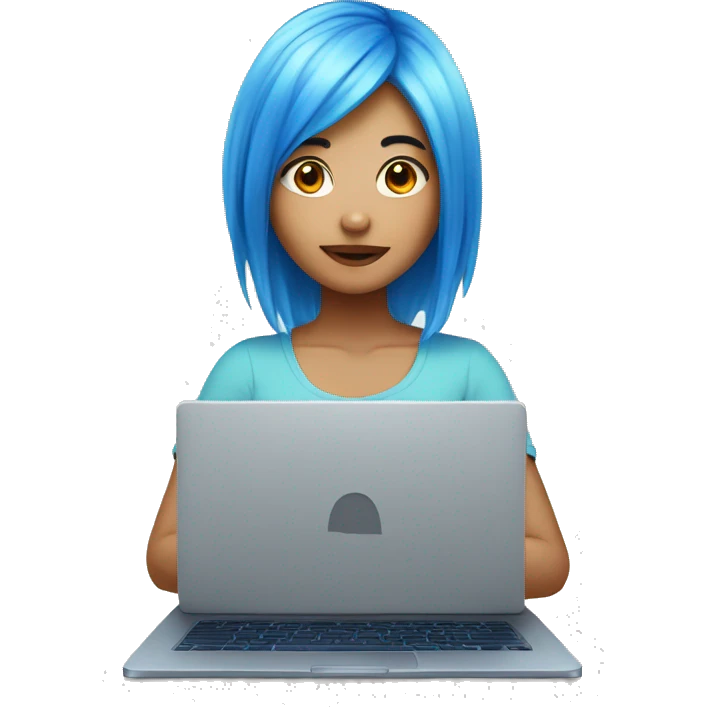 asian girl with blue dye hair coding on laptop emoji
