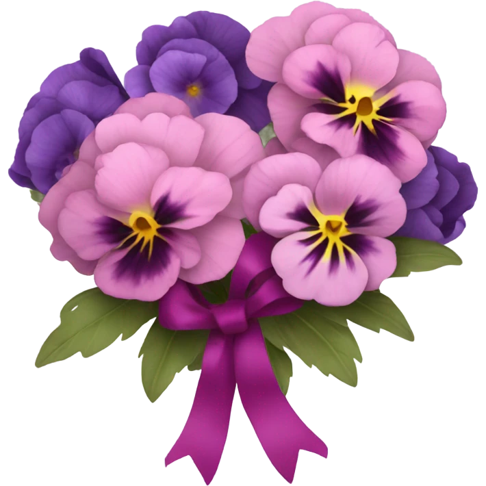 Bouquet composed of pink pansies, violet peonies tied with a dark pink ribbon and in the background purple butterflies  emoji