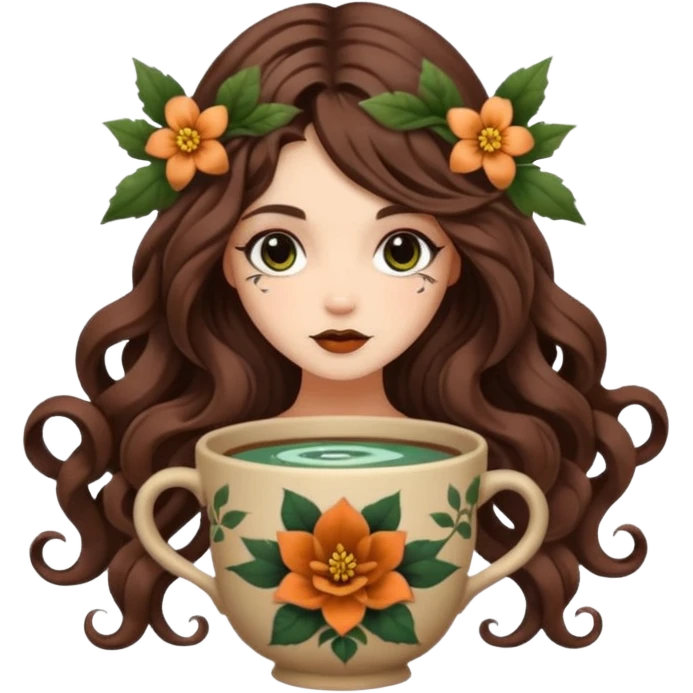 cute forest witch woman long wavy brown hair tattoos curled in flower cup emoji