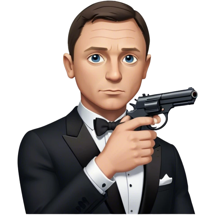 Cinematic Realistic James Bond Daniel Craig Portrait Emoji, depicted as the ultimate suave and enigmatic secret agent, donning a sharply tailored tuxedo, gripping a sleek handgun, with a piercing gaze that exudes confidence and danger. The scene is infused with moody, high-contrast cinematic lighting, evoking the thrilling world of espionage and intrigue. emoji