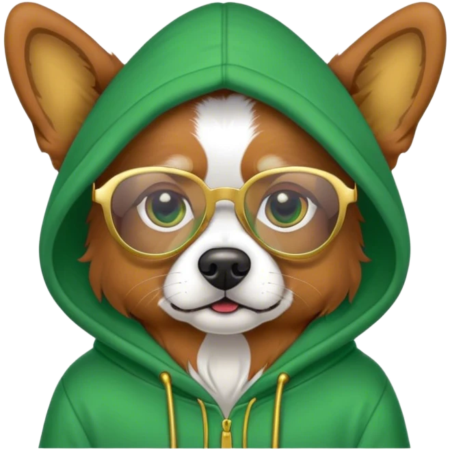 Dog wearing a green hoodie and gold glasses emoji