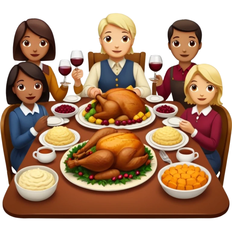 Thanksgiving Dinner with 6 friends of all different races around the table; have the food be a cooked turkey, mashed potatoes, corn, a basket of biscuits, a small bowl of cranberry sauce, baked yams, steamed vegetables, and a bottle of wine. emoji