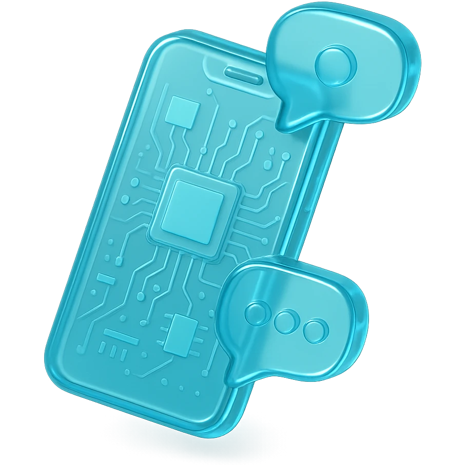 a smartphone with notification bubbles, flat design, cyan blue emoji