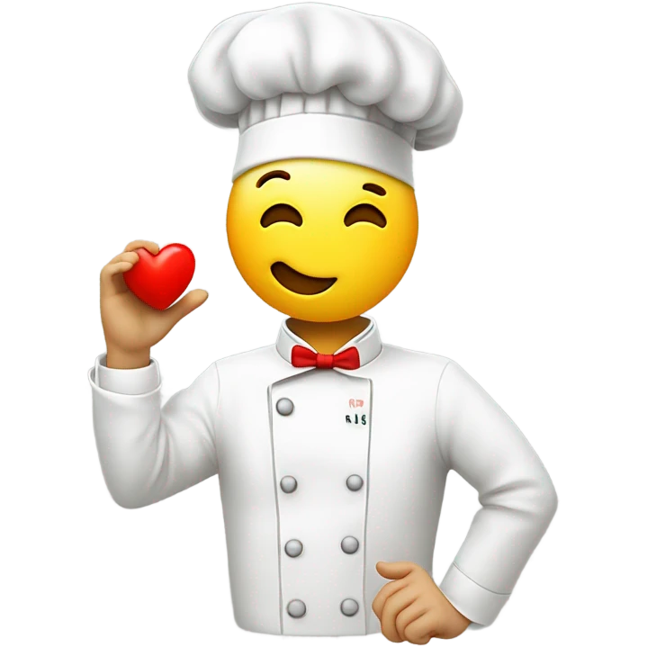 A yellow face emoji wearing a white chef’s hat content expression. It is making a chef’s kiss gesture with its hand, with fingers forming an ‘O’ shape. A small red heart floats near the face emoji