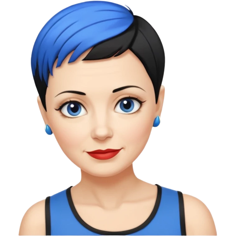 reife frau, vierzig Jahre alt kein kind! freche extreme schwarze Kurzhaarfrisur eine Seite wirklich fast keine Haare andere Seite mit blauer Strähne kurze Seite noch viel kürzer emoji