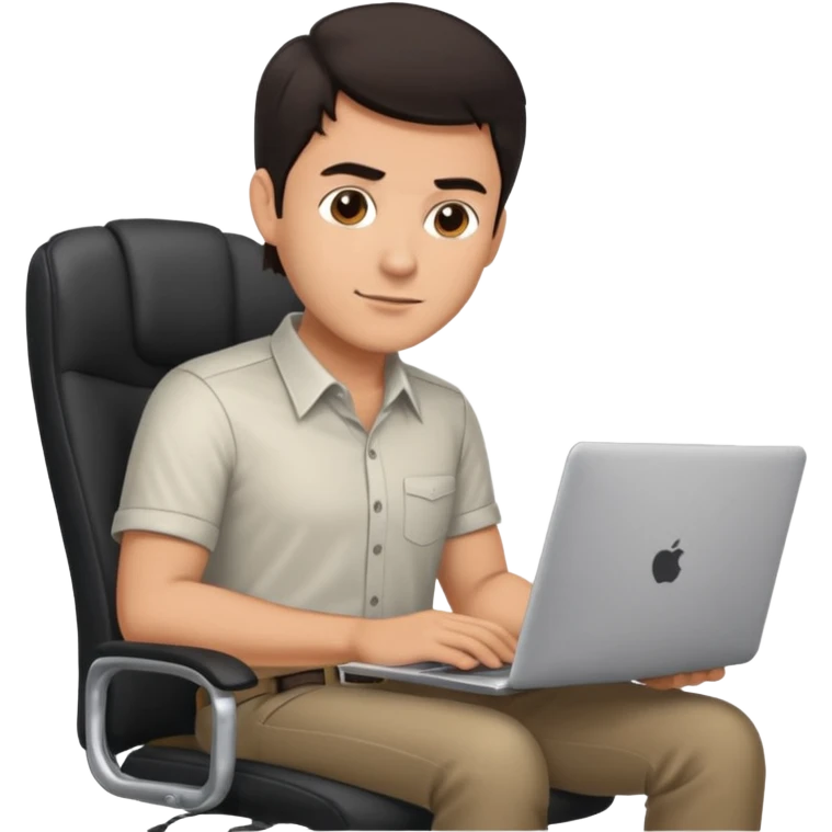Rich man sitting on a office chair, working at desk, looking to laptop in shirt, dark hair, he is german very beautiful looks like, full body view emoji