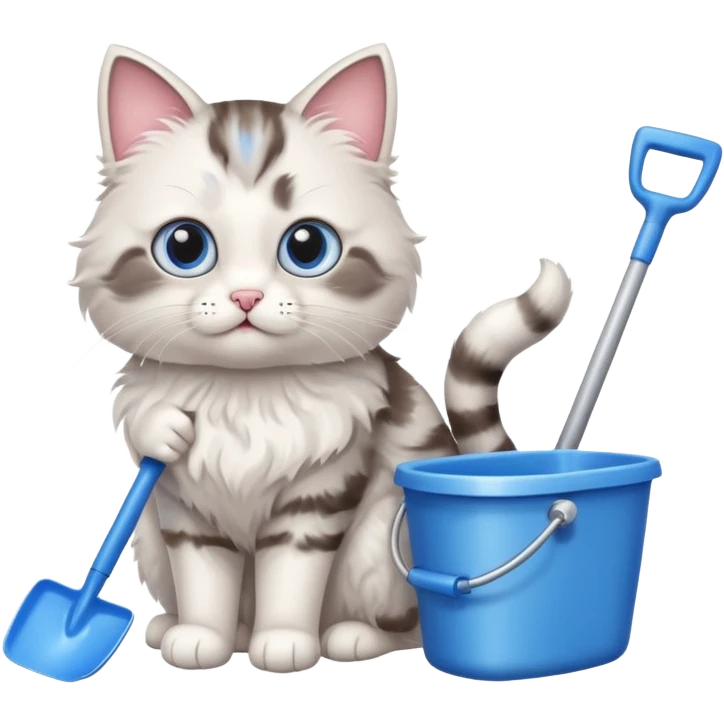 A very cute cat holding a toilet shovel, a litter box beside it emoji