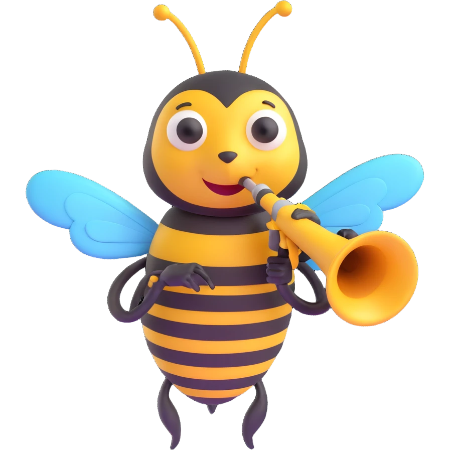 a whimsical bee holding and blowing a trumpet, musical notes around emoji