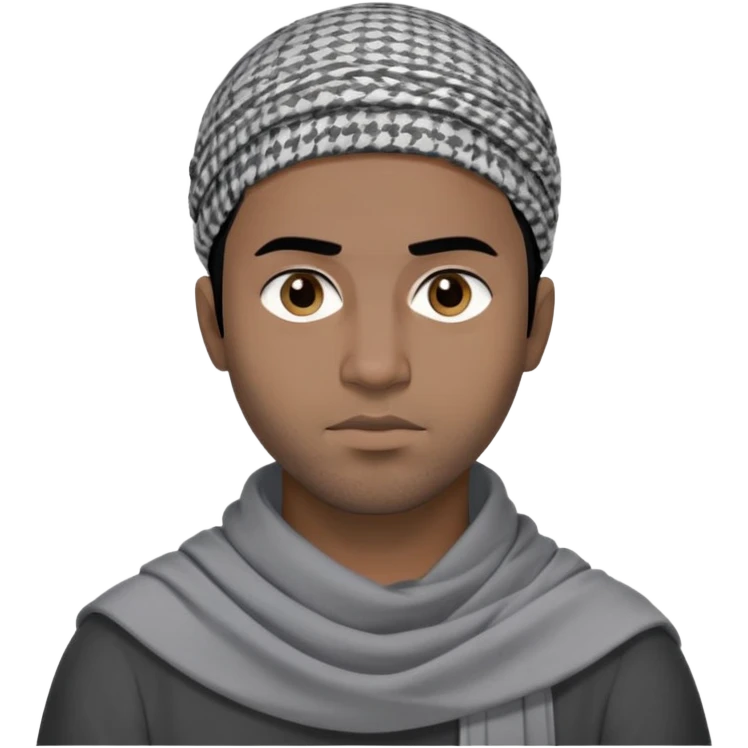 người đàn ông 30 tuổi, da đen, tóc ngắn màu đen, đội khăn kaffiyeh màu xám, mặt ngầu, áo đen, nửa thân treen emoji