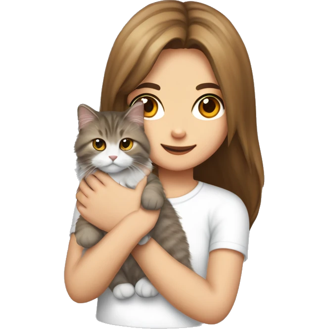 a Siberian cat in the hands of a girl with long brown hair in a white T-shirt emoji