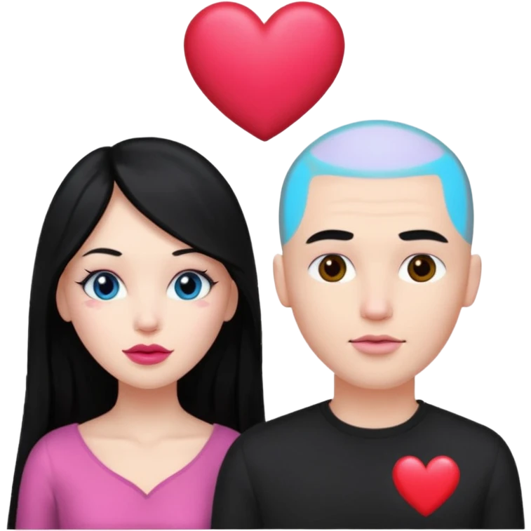 👩🏻‍❤️‍💋‍👨🏻 this one but the man should be bald. white woman with long black hair and white bald young man  and a heart between their heads. she has pink lips emoji