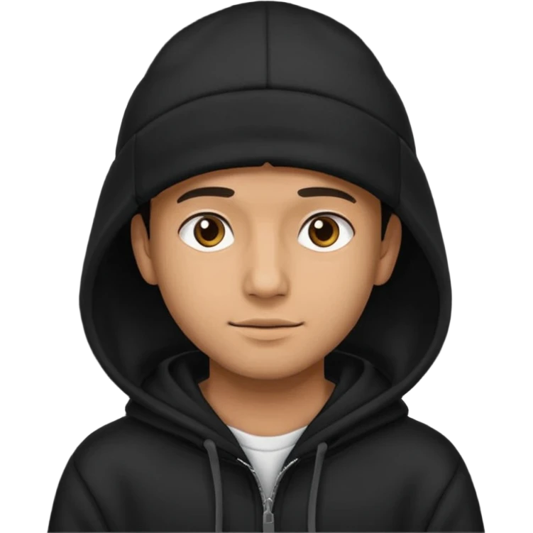 Guy wearing a black hoodie and a black hat emoji