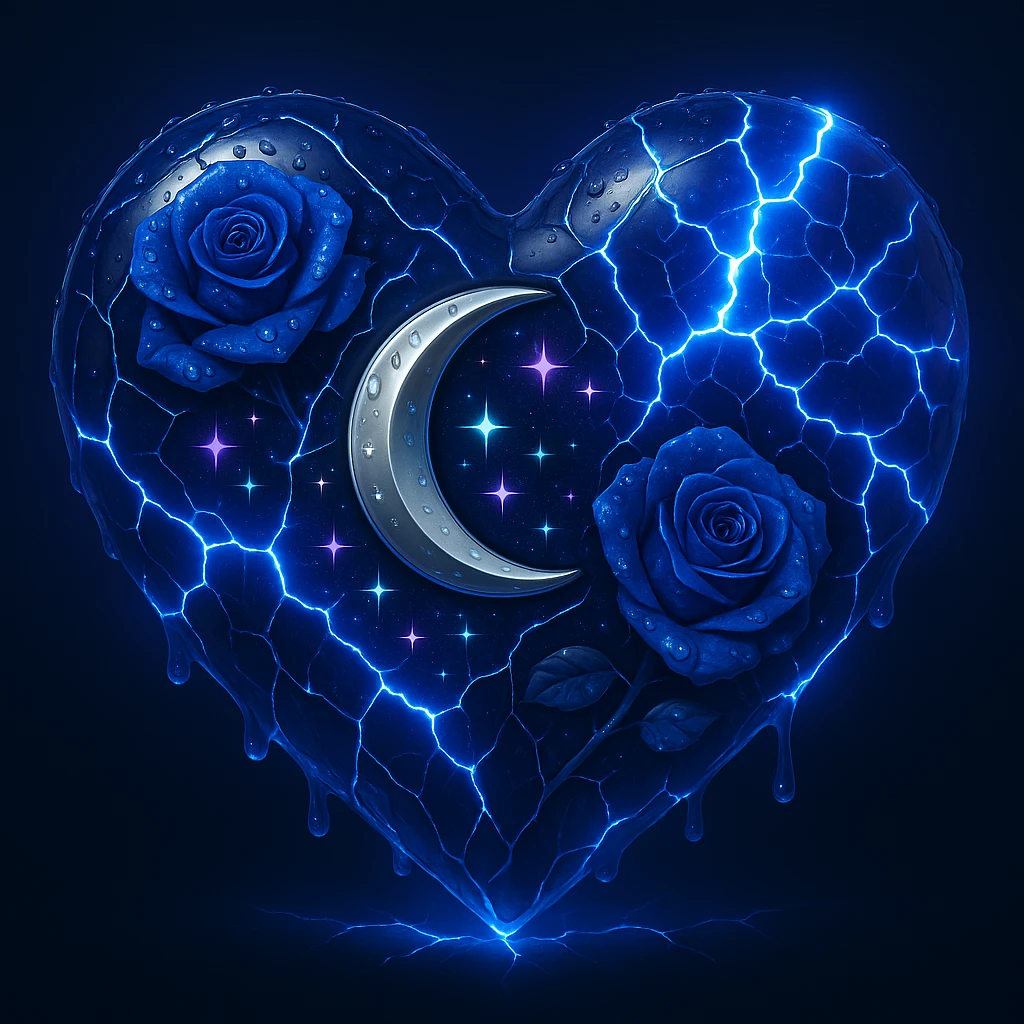 Add more neon lightning effects to the gothic heart made of deep blue glass, with silver crescent moon, midnight blue roses, holographic stardust, drenched look, splintered glass texture, in the style of 3D emoji style. emoji