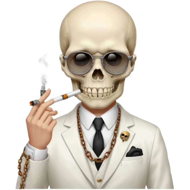 cinematic realistic - steampunk Megadeth - a gentleman in a white suit that smokes, has a skull instead of a head, wears rusty metal glasses with chains emoji