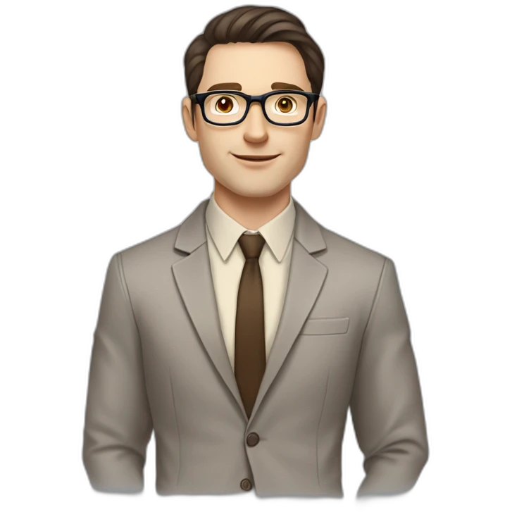 Pale skinned fit man with dark brown hair in gray jacket, beige office shirt, brown tie, brown pants and vintage glasses Writing text on the flipchart emoji