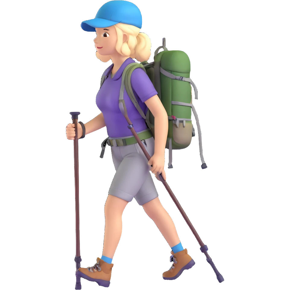 female hiker with backpack and hiking poles emoji