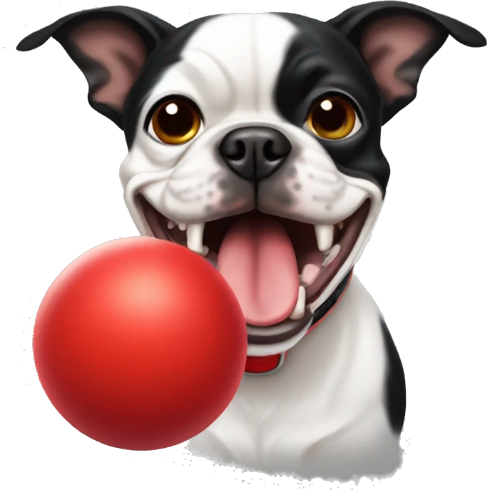 Boston terrier with a red ball in his mouth emoji