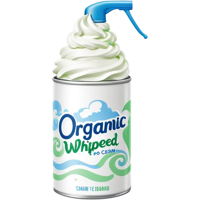 small, white aerosol whipped cream can with a rounded nozzle cap, labeled ‘Organic Whipped Cream’ in green text, featuring soft blue accents and a swirl of whipped cream emoji