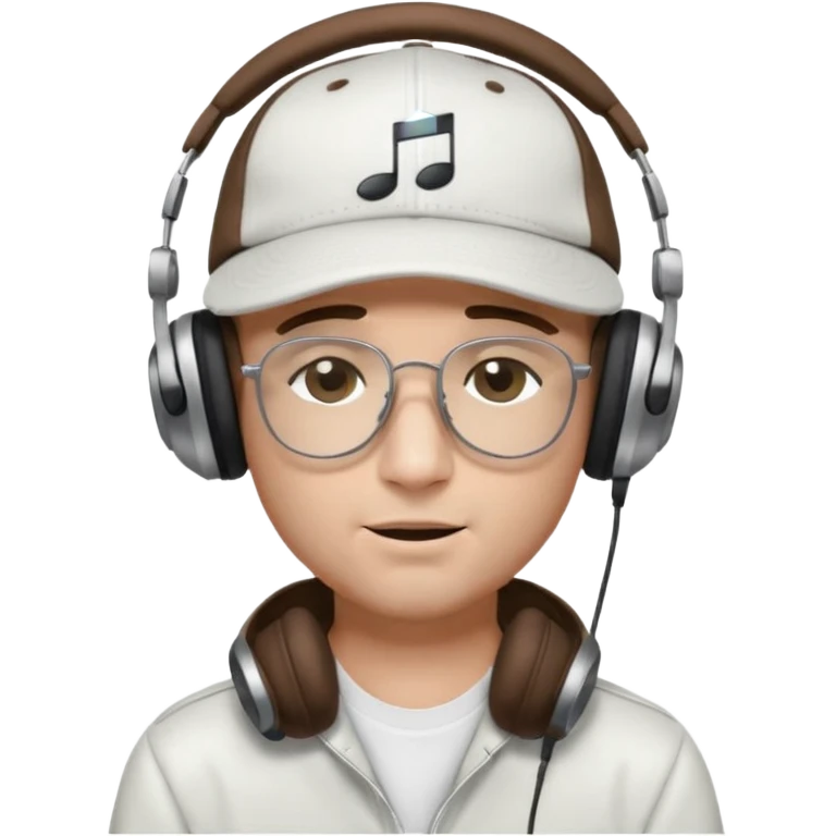dj man white with baseball cap - rayban glasses - brown hair - closed eyes with headphones on with musical note over head (listening to music ) - eyes closed no glasses  emoji