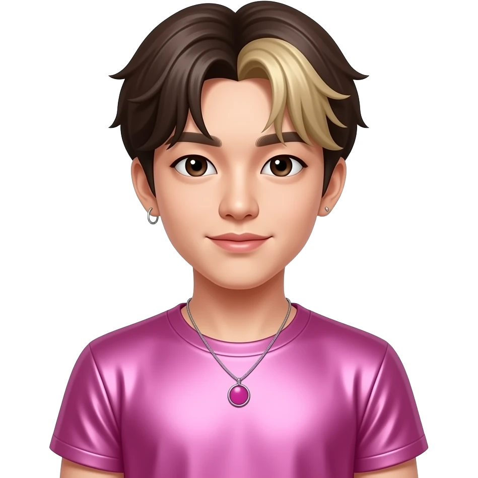 Tae Young from 4*Town with white skin, dark brown eyes, dark brown hair with blonde highlights, pink metallic t-shirt, magenta necklace and short earrings emoji