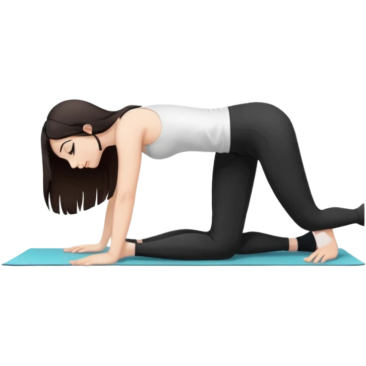 Девушка белокожая в позе собака мордой вниз, с длинными темными волосами, в белом топе, в черных лосинах, с черными ресницами emoji