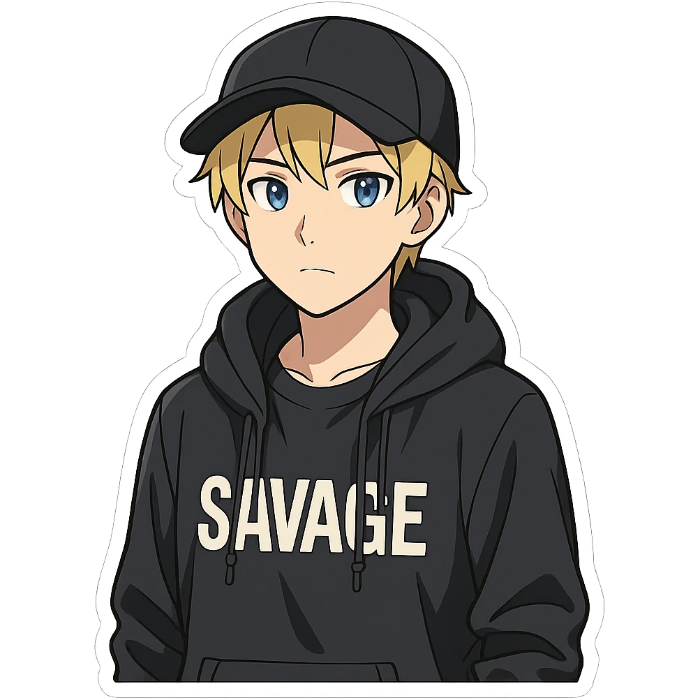 anime style young man with short blonde hair, blue eyes, light skin, dark cap, dark hoodie over a "SAVAGE" t-shirt, white outline sticker effect emoji