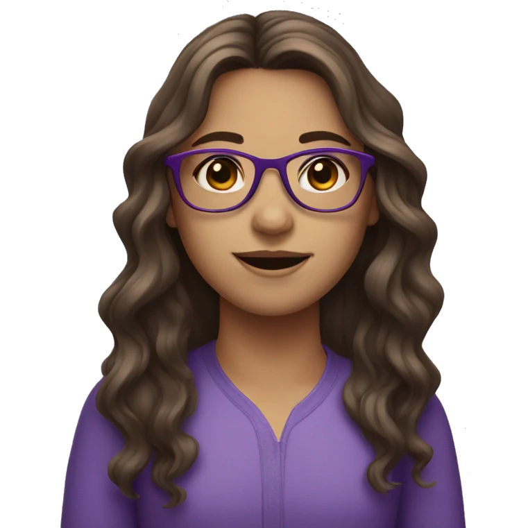 Girl who has brown hair and purple glasses, long wavy hair emoji