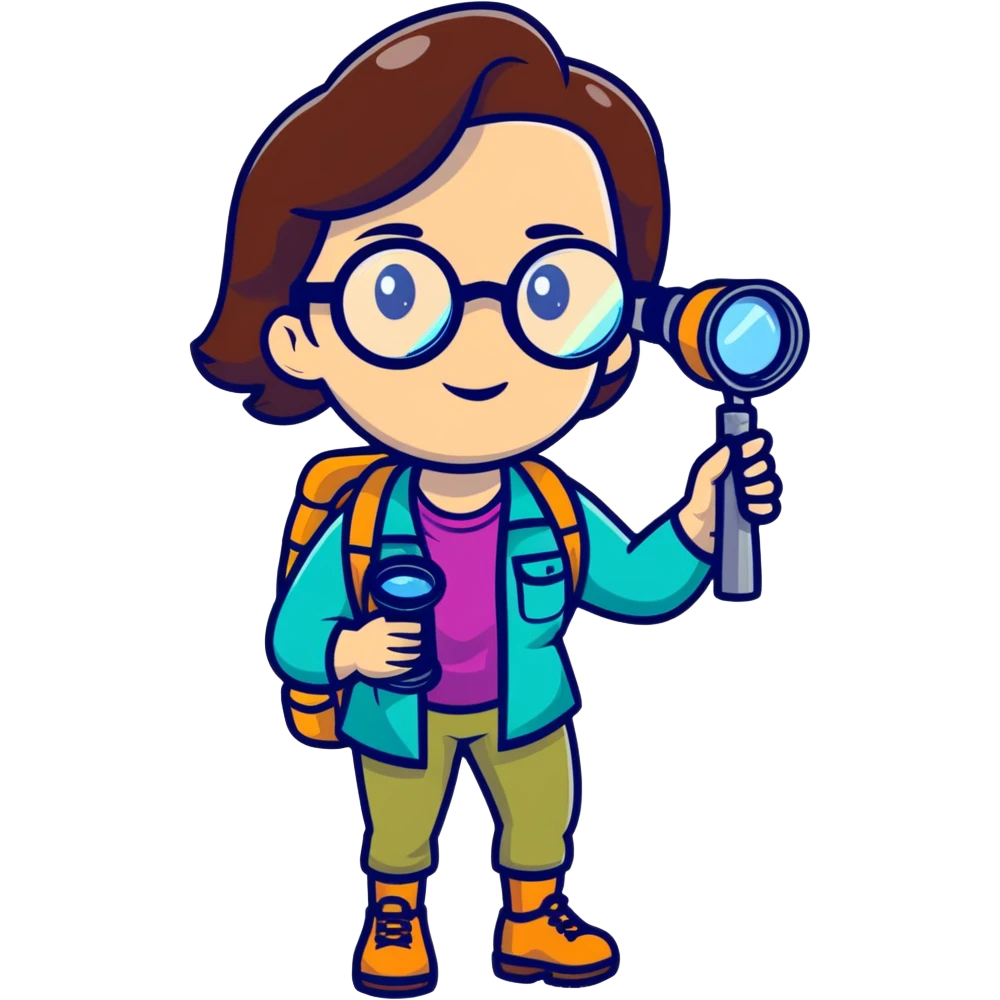 Adventurous woman scientist in her late 30s, glasses, vibrant hiking gear, examining with one magnifying glass, bold colorful style emoji