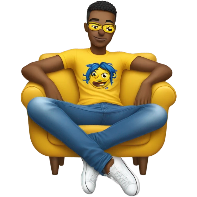 A person lying on a sofa, legs crossed with hands behind the head, relaxing in a cozy setting, yellow emoji color skin, Ed Hardy t-shirt, blue jeans emoji