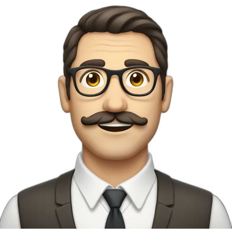 Mid age dark hair white British guy with a crooked short moustache, short hair and rounded glasses emoji