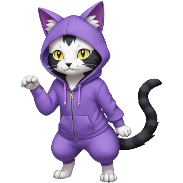 Black cat-garurumon-Gatomon-purloin-feline-Fakemon-Digimon-creature wearing a violet hoodie fursona (full body)  emoji