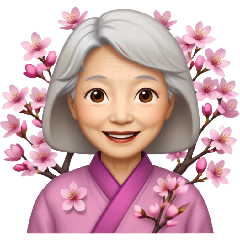 elderly asian woman with cherry blossom emoji