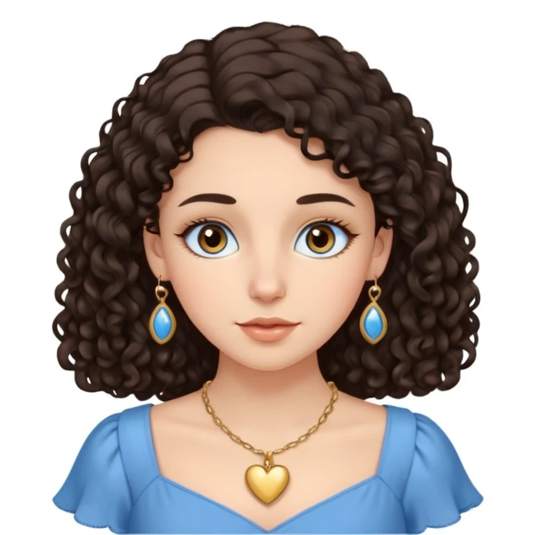 white girl, dark curly hair, big brown eyes, oval face, straight nose, full lips, soft eyebrows, wearing a delicate blue dress, a golden heart necklace, long eyelashes  emoji
