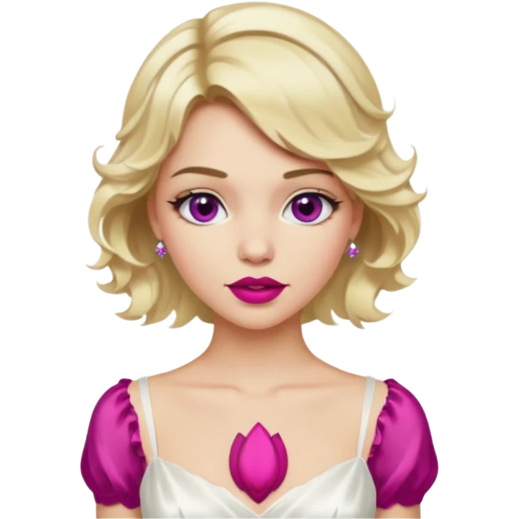 Bride with short wavy blonde hair, hot pink background and white silk chemise dress. Add fuscia background. Add fuscia lipstick emoji
