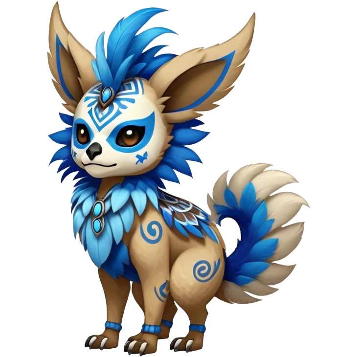 Furry cute colorful exotic tribal feral anime-styled Fakémon-Pokémon-animal-creature with a skull mask, and blue feathers around neck, and blue feathers, with long furry ears, long furry tail, 4 legs, (full body), with intricate pattern-markings  emoji