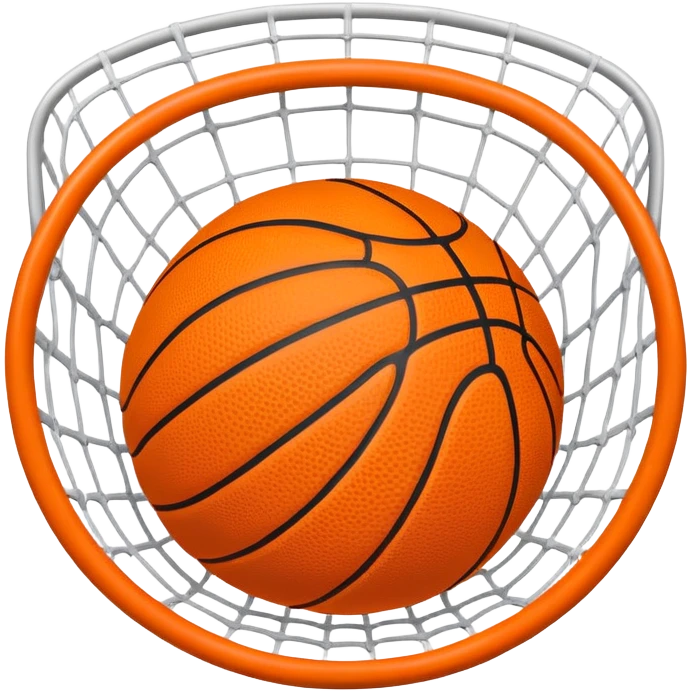 Orange basketball in the middle of a white net, top-down angle emoji