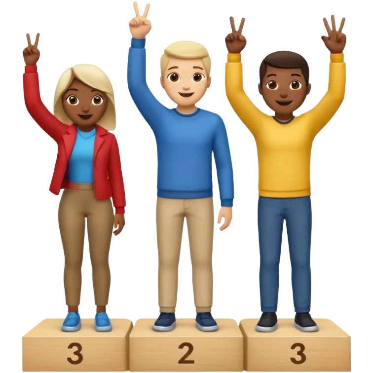 winners podium with three multi-racial people, center step higher, no numbers, all in relaxed fun clothes, center person raising one finger on each hand, left person raising two fingers on each hand, right person raising three fingers on each hand, cheerful expressive emoji style emoji