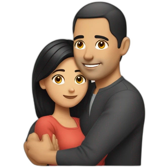 A bald Latino man hugging his black haired wife emoji