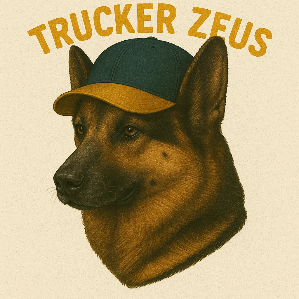 Apply maximum compression to reduce file size as much as possible while keeping transparency, realistic German Shepherd, and yellow 'Trucker Zeus' text. emoji