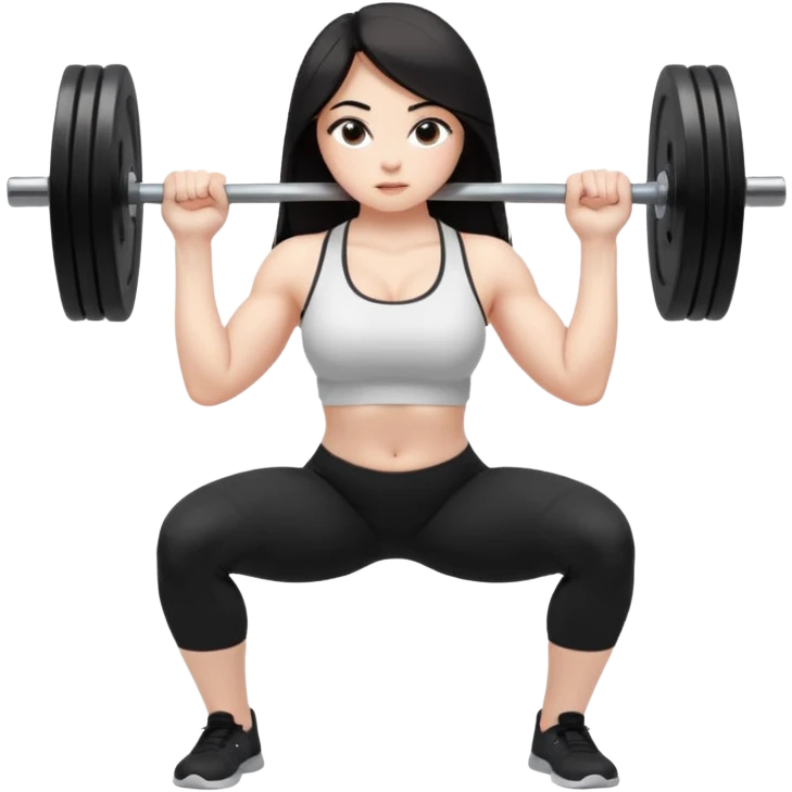 Девушка белокожая, с длинными темными волосами, в одежде для йоги - черные лосины, белый топ, делает присед со штангой 100 килограмм на плечах, правильные пропорции тела, только человек, весь эмодзи это вид в профиль emoji