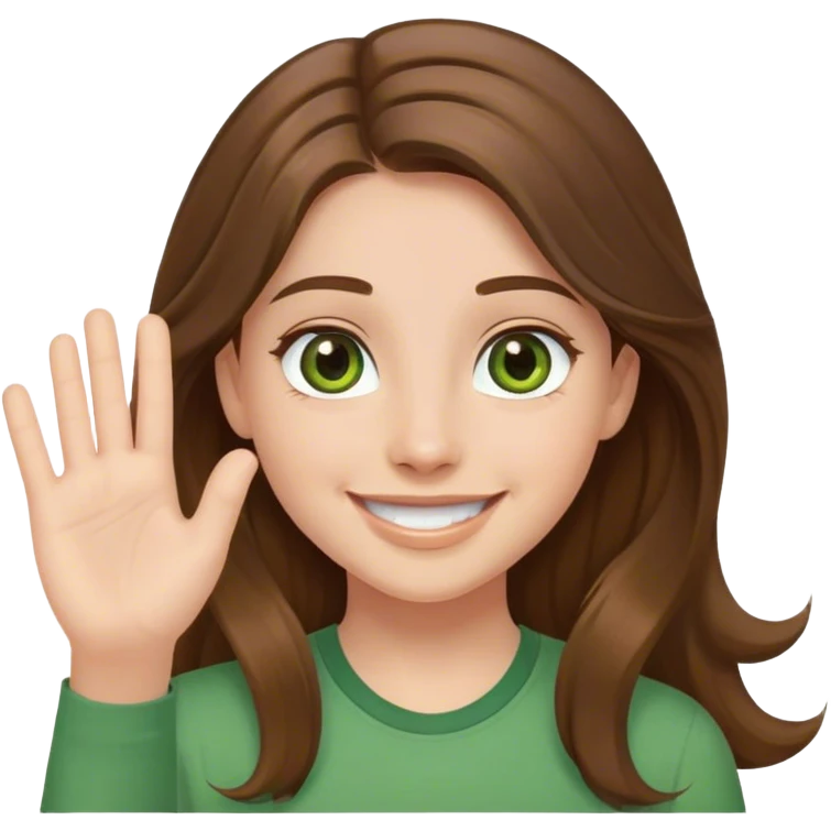 smiling girl with long brown hair, middle hair part, waving, green shirt, hazel eyes emoji