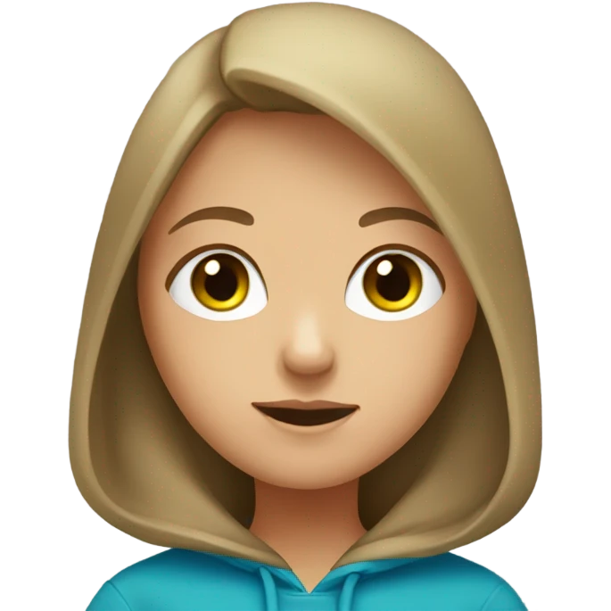 A girl with brown hair and blonde highlights with a blue hoodie and a cute nose with green eyes emoji