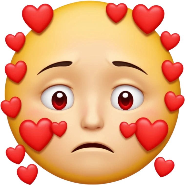 A yellow circular frowning face that is crying tears from its eyes, with a dozen hearts floating from top to bottom in front of it emoji